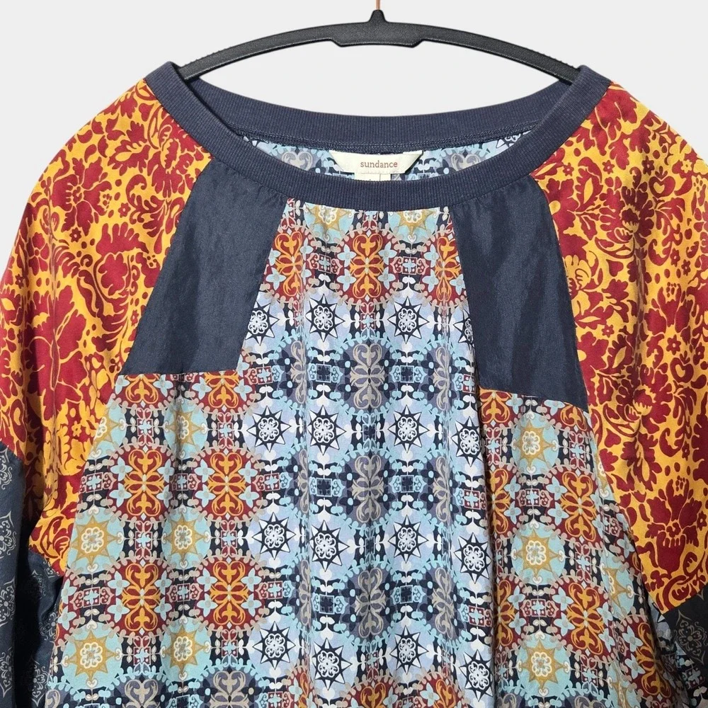 Sundance‎ Silk Long Sleeve Patchwork Blouse Top Multicolor L Fall Artsy Boho